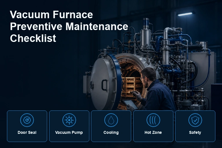 Vacuum furnace preventive maintenance cover showing seal, pump, cooling, hot-zone and safety checkpoints