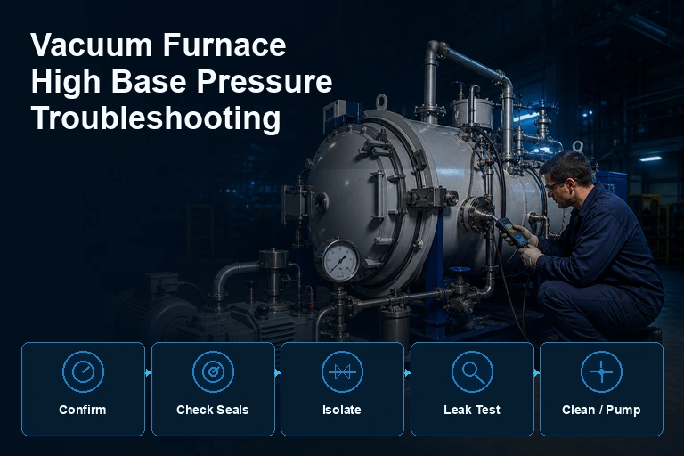 Vacuum furnace high base pressure troubleshooting cover with a five-step diagnostic sequence
