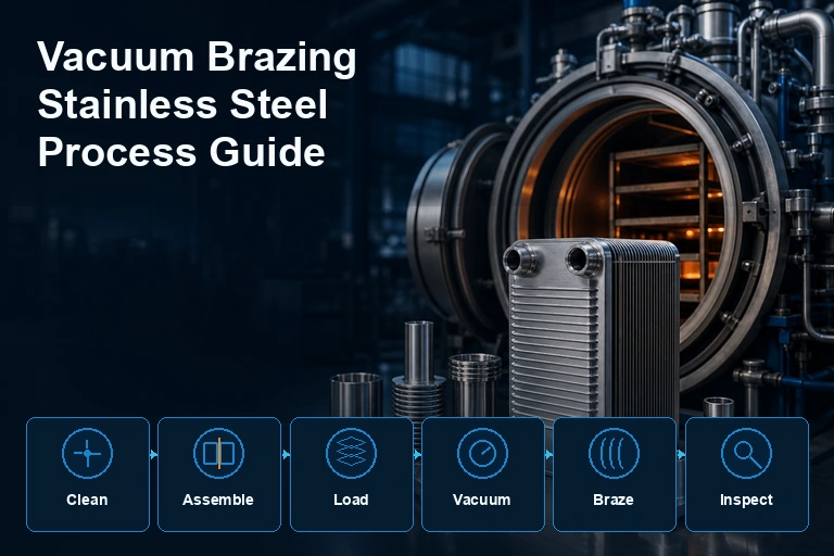 Stainless steel vacuum brazing cover showing preparation, filler, thermal cycle and inspection stages