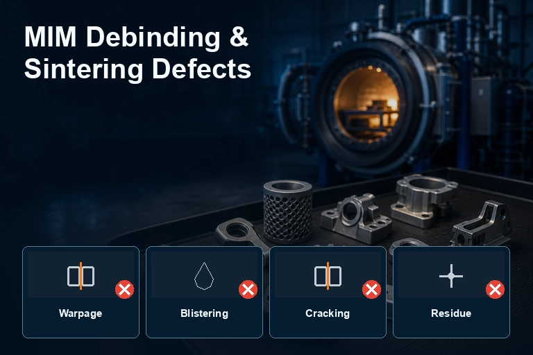 MIM debinding and sintering defects cover comparing blistering, cracking, distortion and density variation