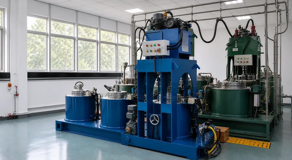 VMPE vacuum hot press furnace with blue vertical hydraulic press frame, vacuum chambers and green press equipment in a industrial factory