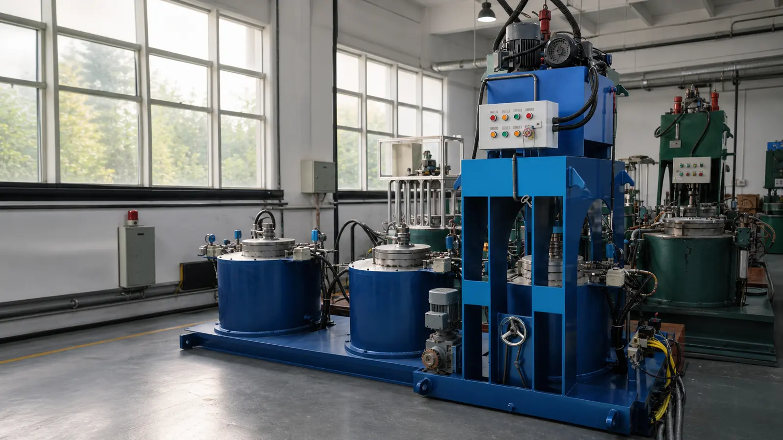 VMPE vacuum hot press furnace with vertical hydraulic press frame and vacuum chambers in a clean production workshop