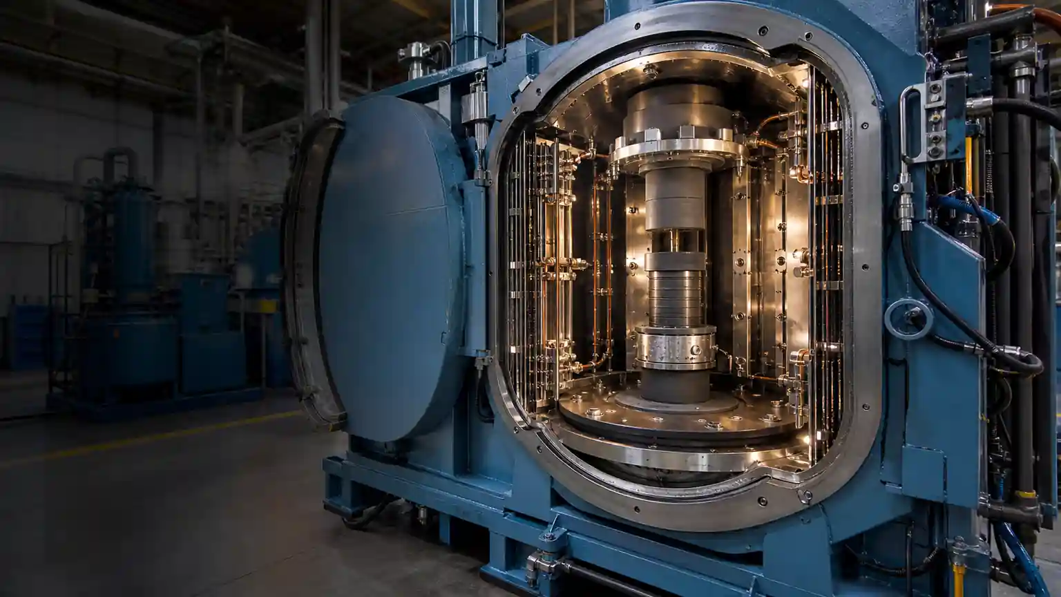 Vacuum hot press chamber with graphite die, upper and lower pressing rams, and custom tooling interface