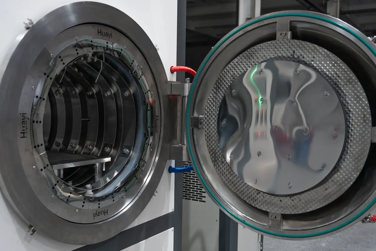 Open metal hot zone and loading shelf inside the HVF-1350 sintering furnace