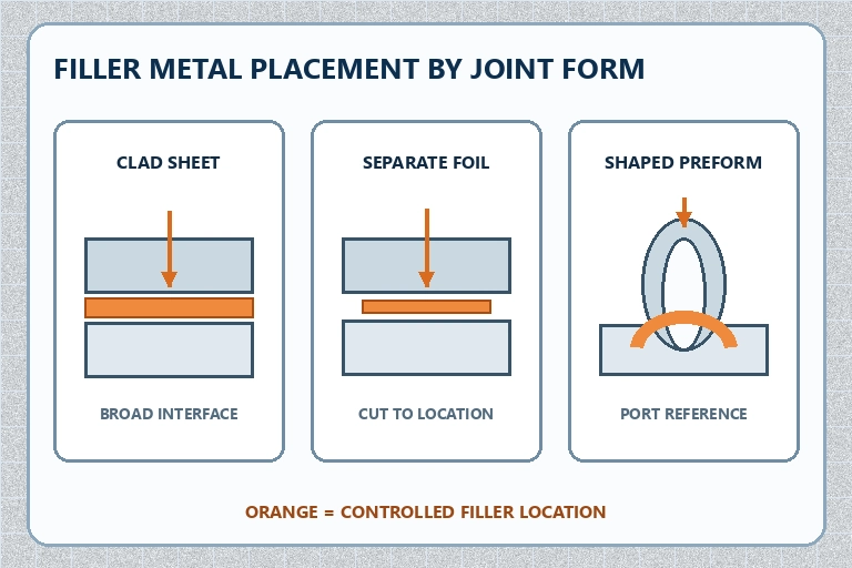Aluminum brazing joint schematic comparing clad sheet, foil and shaped preform filler placement