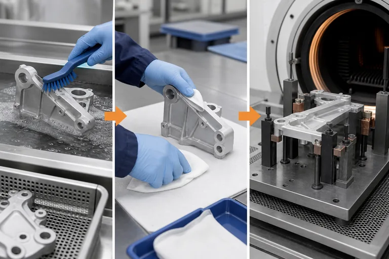 Aluminum component cleaning, controlled handling and fixturing before brazing.