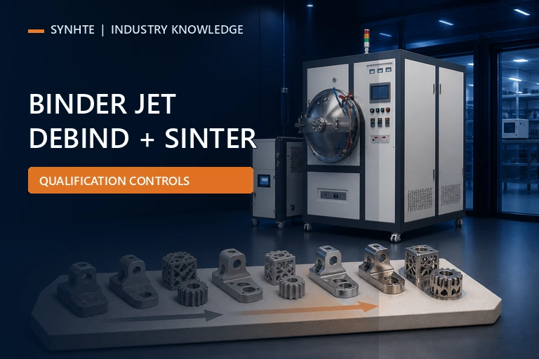 Binder jet metal parts progressing from green condition to vacuum-sintered components beside an industrial sintering furnace