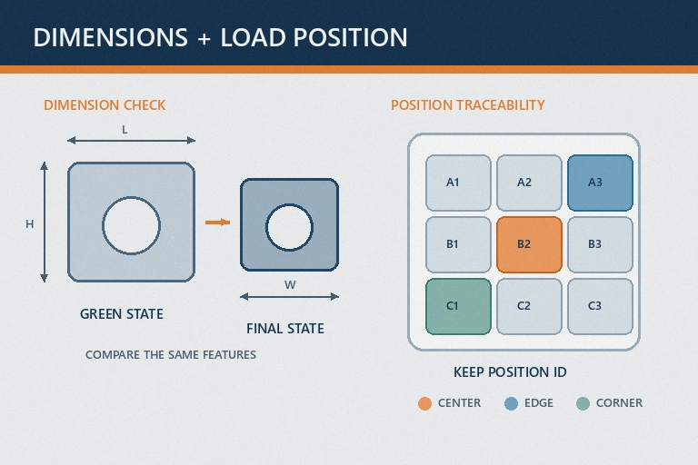 Diagram comparing green and final part dimensions alongside a tray map for center, edge and corner position traceability