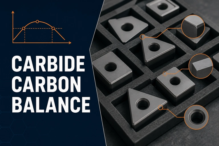 Cemented-carbide inserts on a graphite tray with carbon-balance inspection markers.