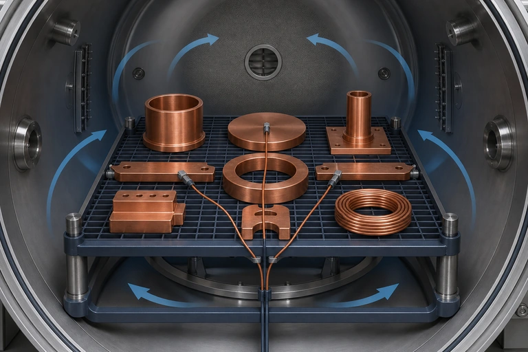 Illustration of spaced copper parts on a furnace fixture with representative center and edge temperature-sensing positions