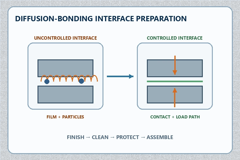Diffusion bonding interface schematic comparing uncontrolled surface films with a controlled clean contact and axial load path