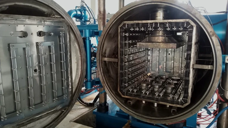 Open SYNHTE VTM vacuum diffusion bonding furnace showing the hot zone, press tooling and loaded fixture space