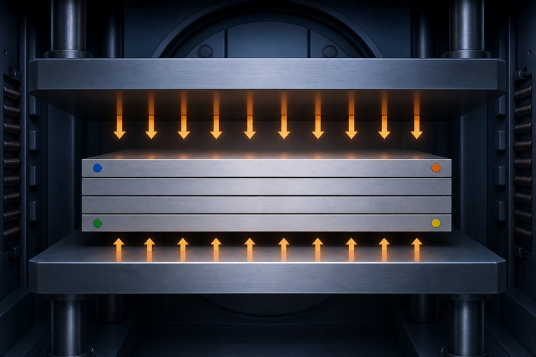 Technical illustration of a metal plate stack between parallel press platens with distributed pressure arrows and witness positions
