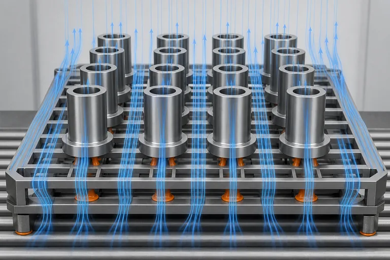 Open-grid load fixture showing uniform gas-quench flow around workpieces.