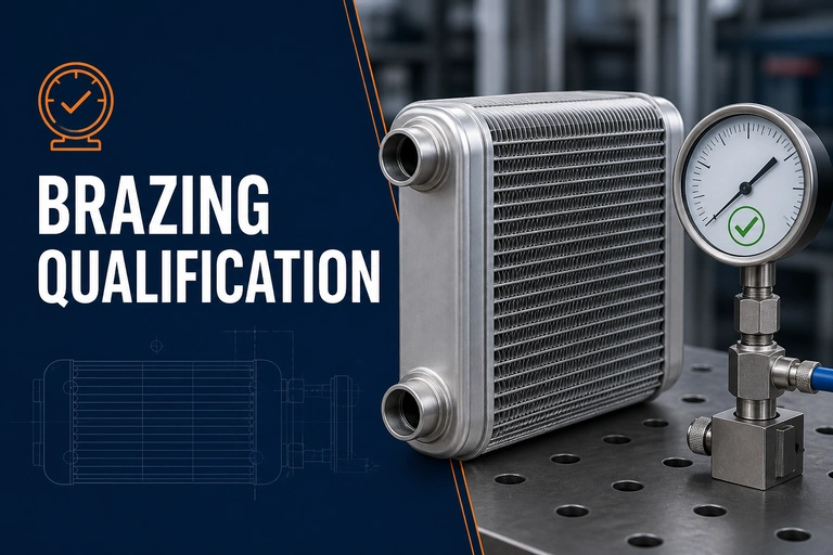 Heat exchanger core with a leak-test gauge for brazing qualification.