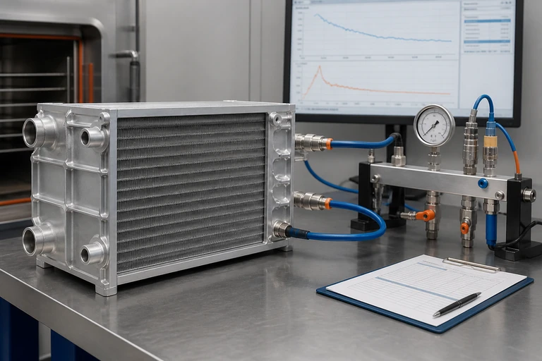Heat exchanger connected to a leak-test manifold and gauge during qualification.