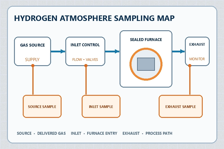 Hydrogen furnace atmosphere sampling map showing gas source, inlet, hot zone, exhaust and analyzer locations