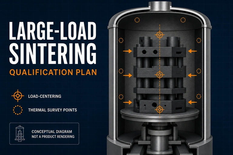 Conceptual bottom-loading hot zone with centered graphite load and thermal survey points for large-load vacuum sintering qualification