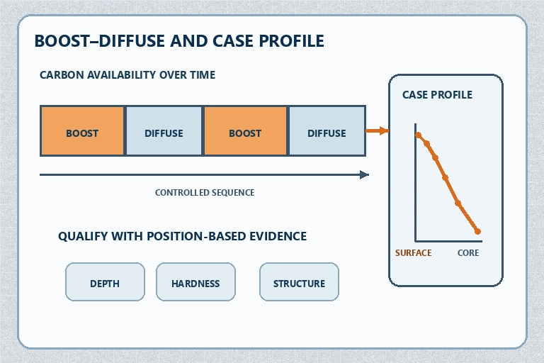 Low-pressure carburizing recipe qualification diagram linking repeated boost and diffusion segments to a case-depth profile