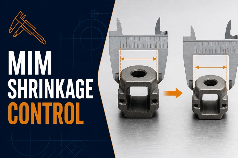 Metal injection molded parts measured before and after sintering shrinkage.
