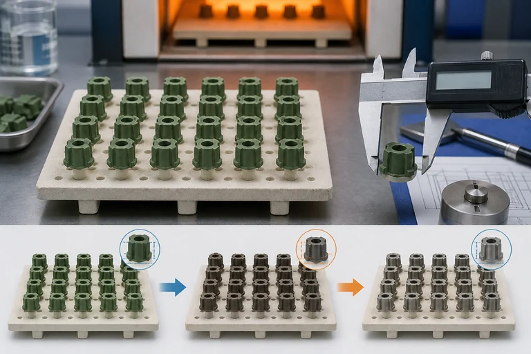 MIM parts on ceramic supports with dimensional inspection and shrinkage progression.
