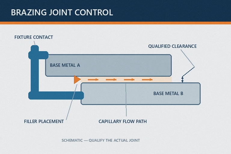 Representative lap-joint schematic showing qualified clearance, filler placement, capillary flow path and fixture contact