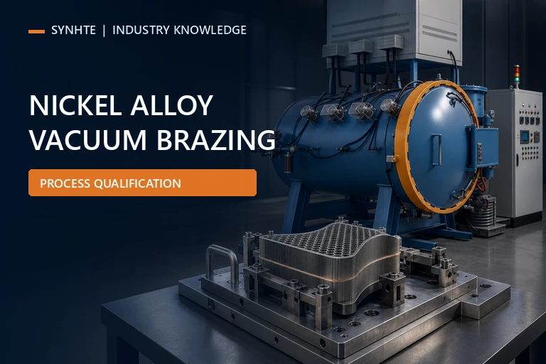 Nickel-alloy honeycomb assembly in a precision brazing fixture beside a high-temperature vacuum brazing furnace