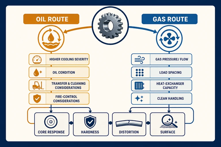 Decision map comparing oil and gas quenching controls with common hardness, distortion, core response and surface checks