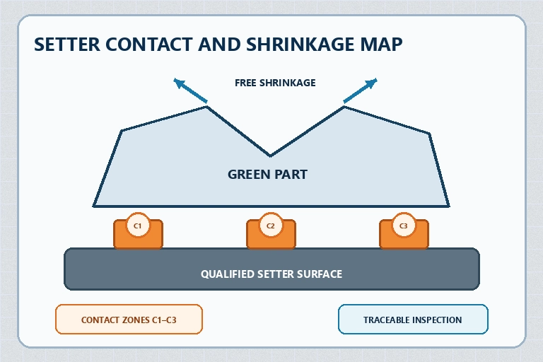 Sintering setter schematic showing supported contact zones, free shrinkage directions and traceable inspection locations