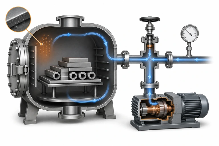 Vacuum chamber, load, valve, gauge and pump-line diagnostic branches for slow pump-down.