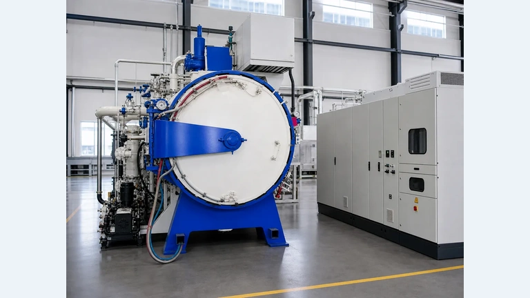 Complete SYNHTE vacuum carburizing gas-quench furnace with chamber, pumping equipment and control cabinet
