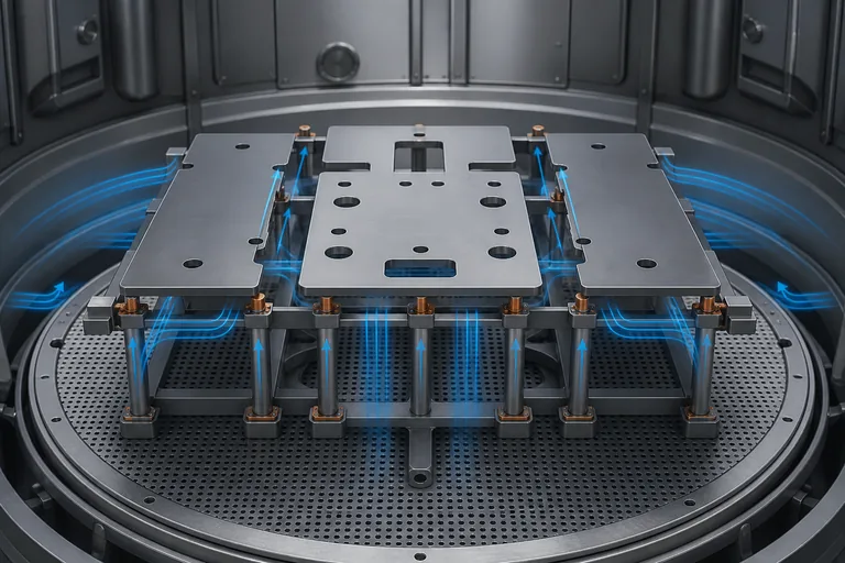 Supported metal workpieces on a symmetric fixture with airflow paths.