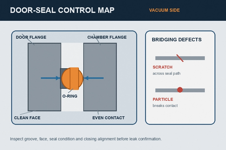 Vacuum furnace door-seal cross-section showing an O-ring groove, even compression, clean faces and bridging scratch or particle defects