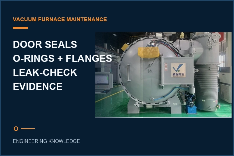 Vacuum furnace door and pumping system with an engineering title about O-rings, flanges and leak-check evidence