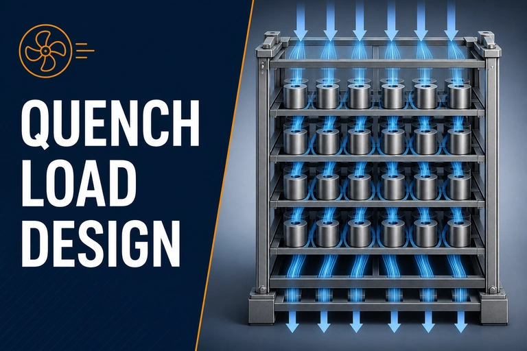 Evenly spaced parts on a gas-quenching rack with airflow paths.