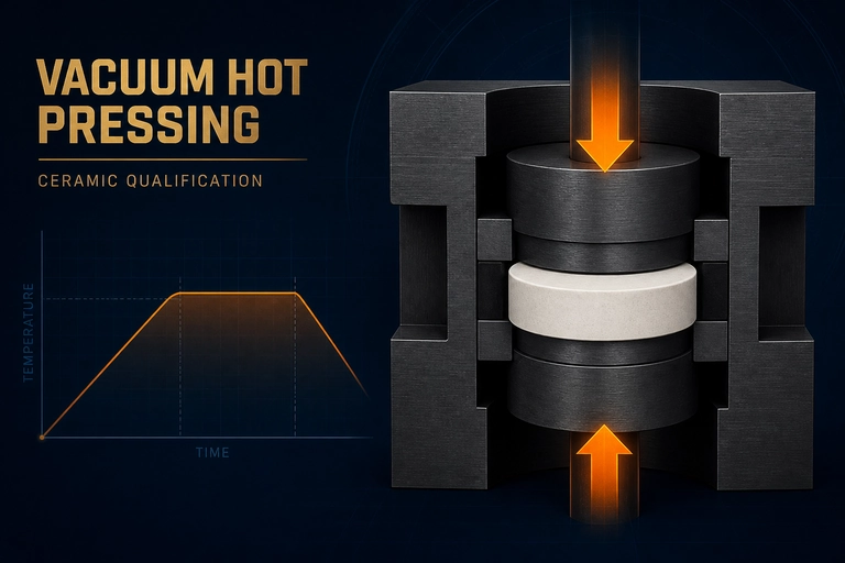 Ceramic disc in a graphite die with opposing pressure arrows and temperature dwell graph for vacuum hot pressing