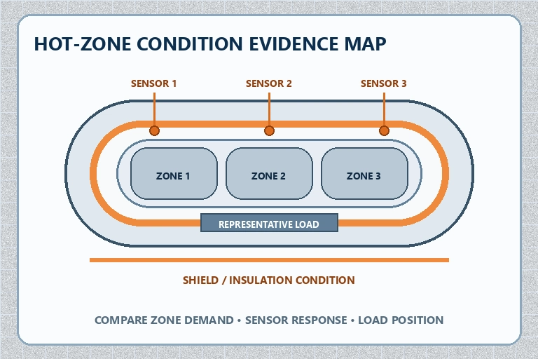 Vacuum furnace hot-zone condition schematic showing heating zones, insulation shields, sensor evidence and load positions