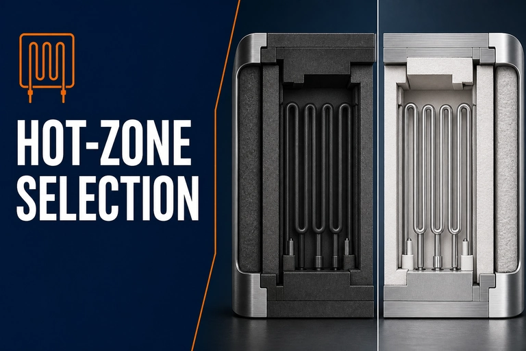 Graphite and molybdenum hot-zone cross sections with heating elements.