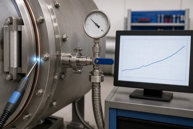 Vacuum chamber seal, isolation valve, pressure gauge and leak-test trend display.