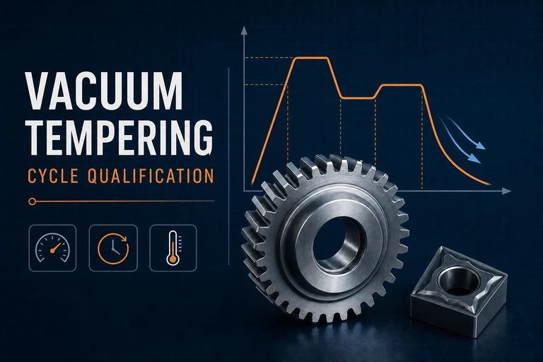 Precision steel gear beside a two-stage temperature curve for vacuum tempering cycle qualification after hardening