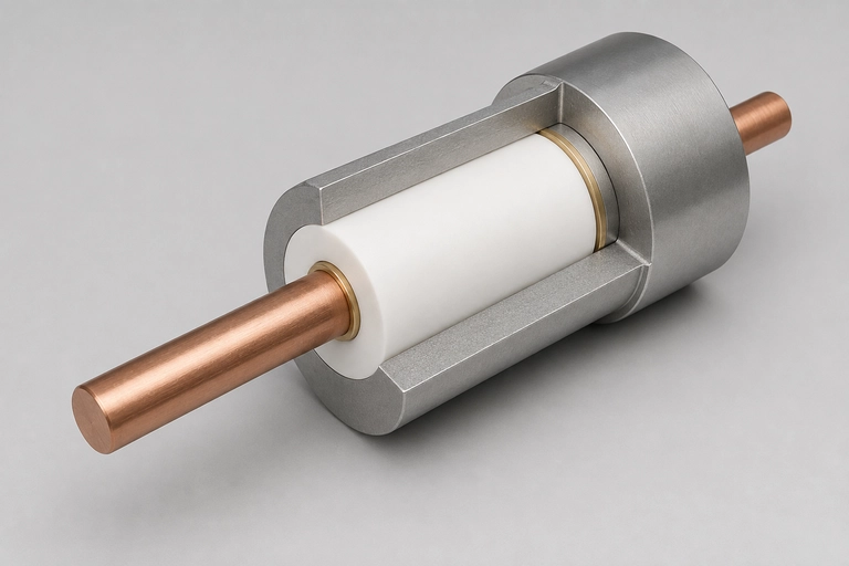 Cutaway illustration of a ceramic feedthrough showing the central conductor, insulating ceramic and surrounding metal housing