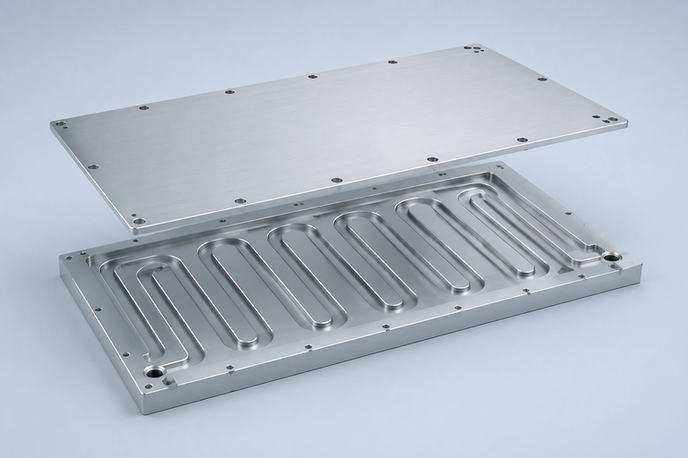 Exploded aluminum cold plate showing a lifted cover above internal divider lands and serpentine coolant passages