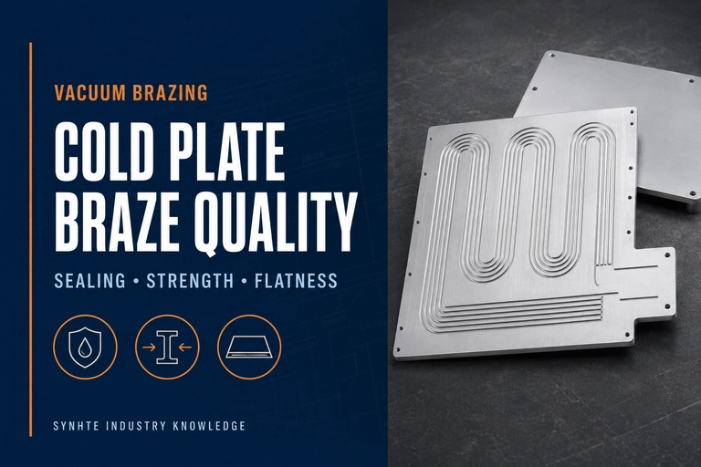 Cold plate vacuum brazing quality illustration with aluminum flow channels and sealing, strength and flatness symbols