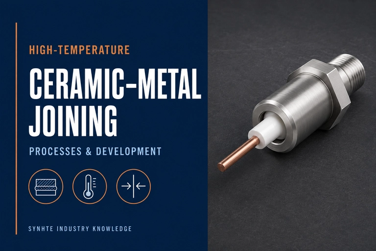 High-temperature ceramic-to-metal joining illustration with a ceramic-insulated metal feedthrough and process icons