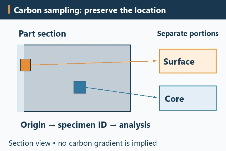MIM residual carbon sampling map with separate surface and core specimens from a thick section