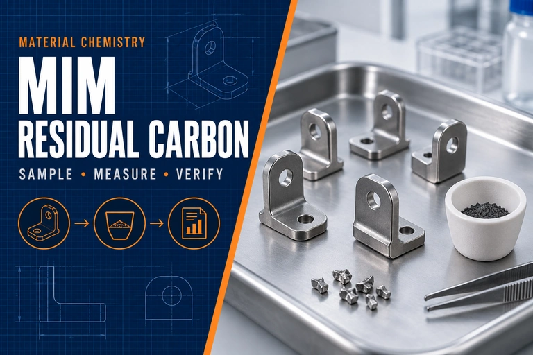 MIM residual carbon illustration showing stainless parts and a separate analysis crucible