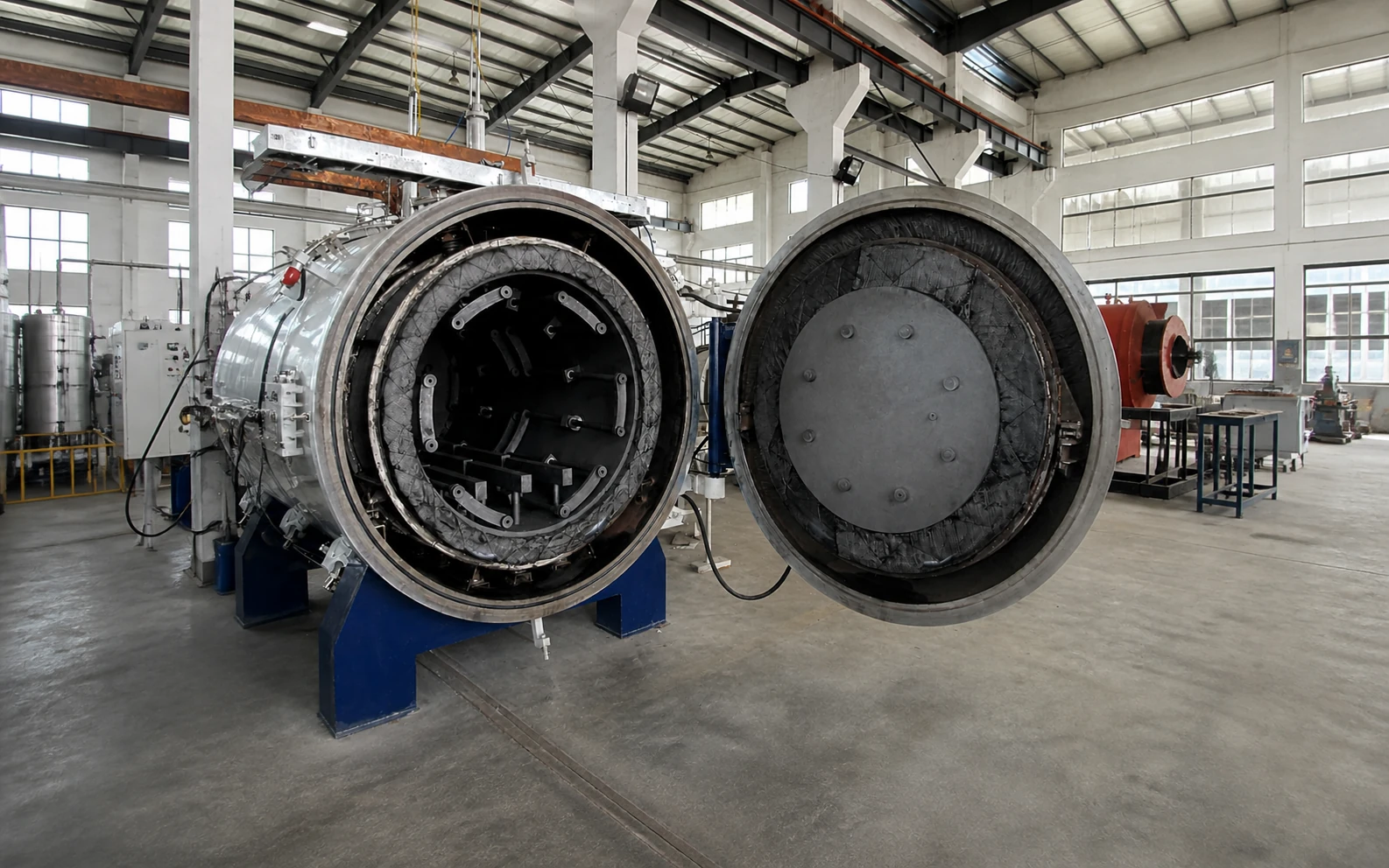 Open vacuum sintering furnace chamber and insulated door configuration