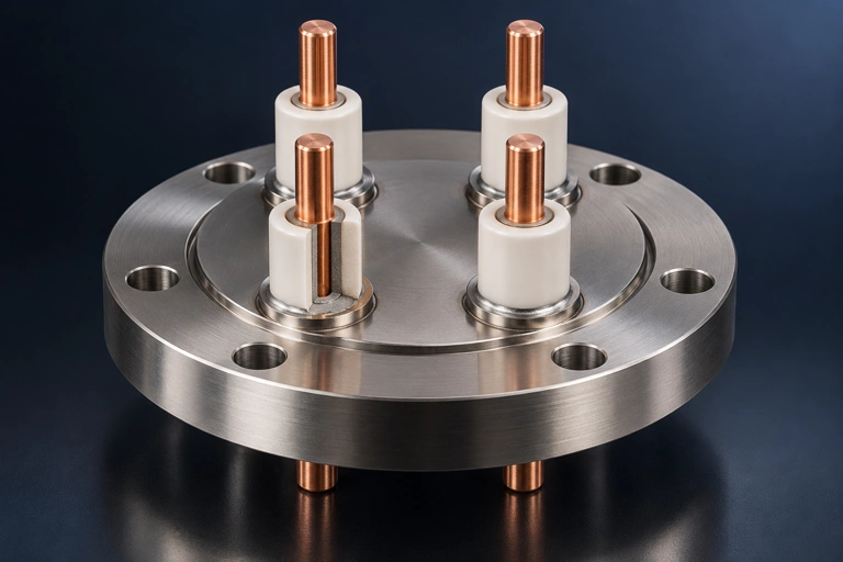 Original visualization of a four-pin alumina-to-Kovar-type hermetic feedthrough with white ceramic sleeves and copper conductors