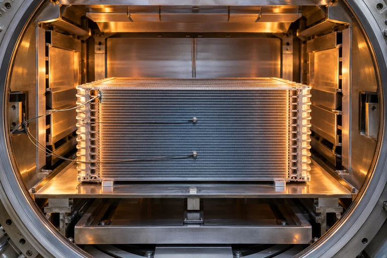 Illustration of a dense aluminum heat-exchanger core with representative thermocouples inside an all-metal vacuum furnace hot zone