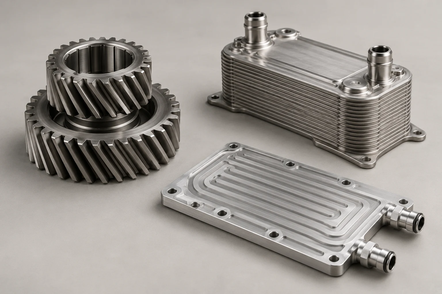 Illustrative automotive gears, plate cooler and aluminum cold plate